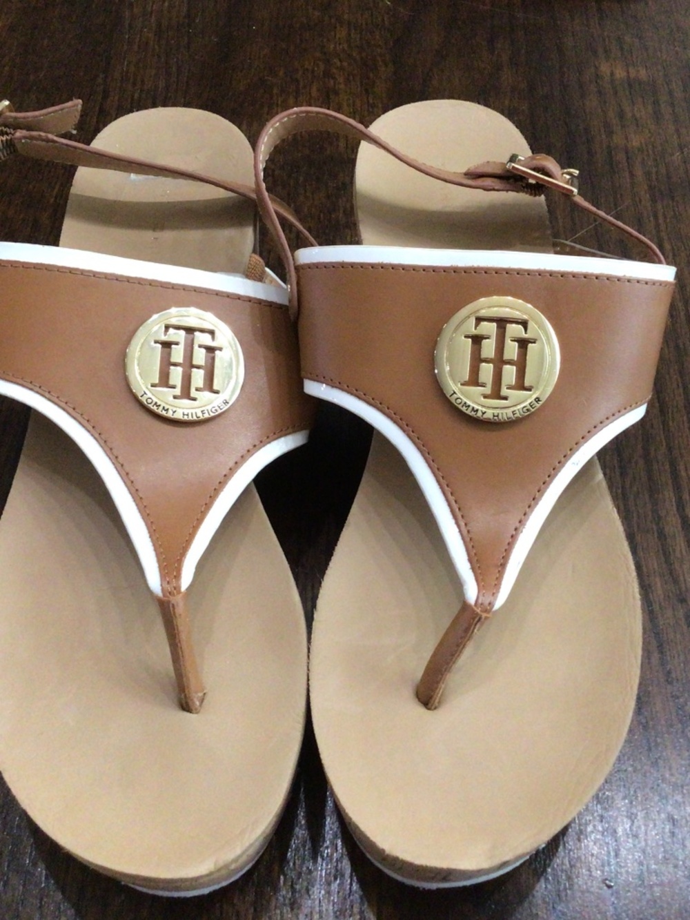 Tommy Hilfiger tan and white wedged sandals.  Size 8.5. Very gently worn
